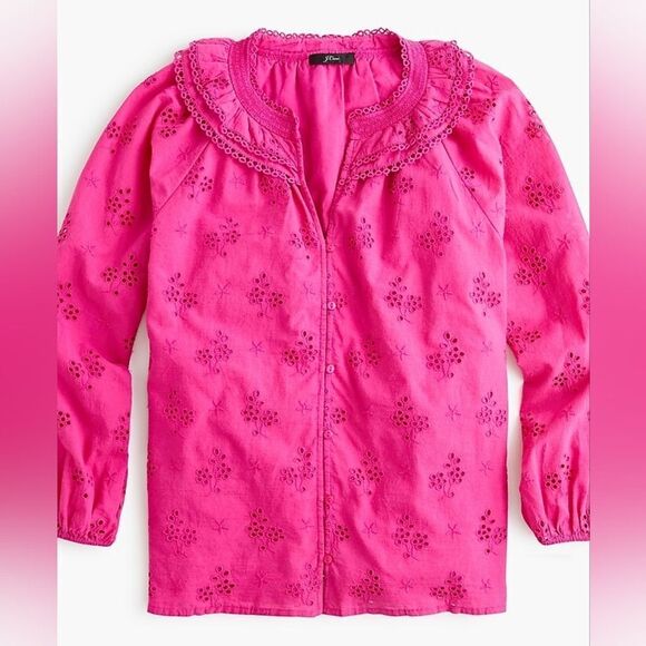 Jcrew pink button-front eyelet peasant top 100% cotton lined size M - Picture 2 of 11